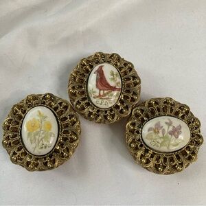 Gold, Filigree Trio, Vintage Pill Box, Cardinal Bird And Two Florals